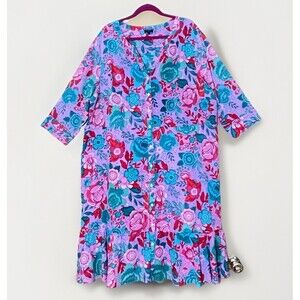 Talbots Plus Dress 22W Floral Button Front Midi Cotton Lined Purple Pink Cottage